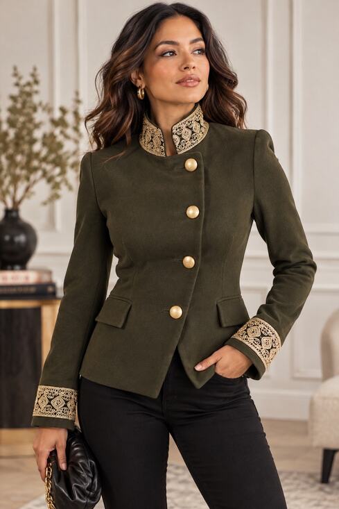 Zara Collection Jackets & Blazers - Zara Basic Olive Green Gold Embroidered Military Blazer XS Regency